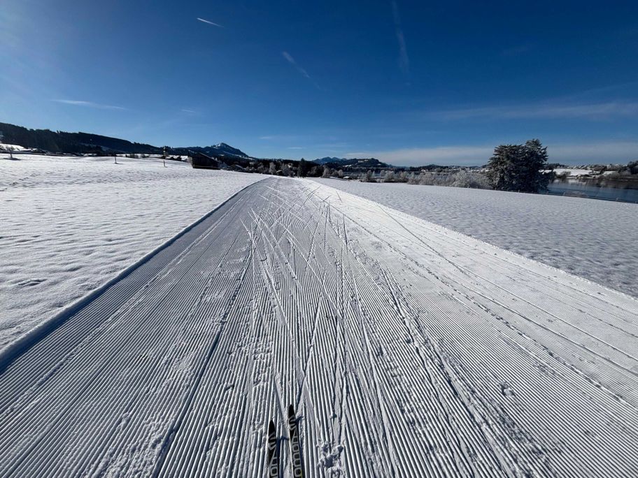 unterwegs auf der Dorfloipe Petersthal mit Blick auf Rottachsee und Grünten
