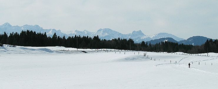 Beim Schmuttersee vor Falkenstein (rechts im Mittelgrund) Thannheimer Gebirge (im Hintergrund)