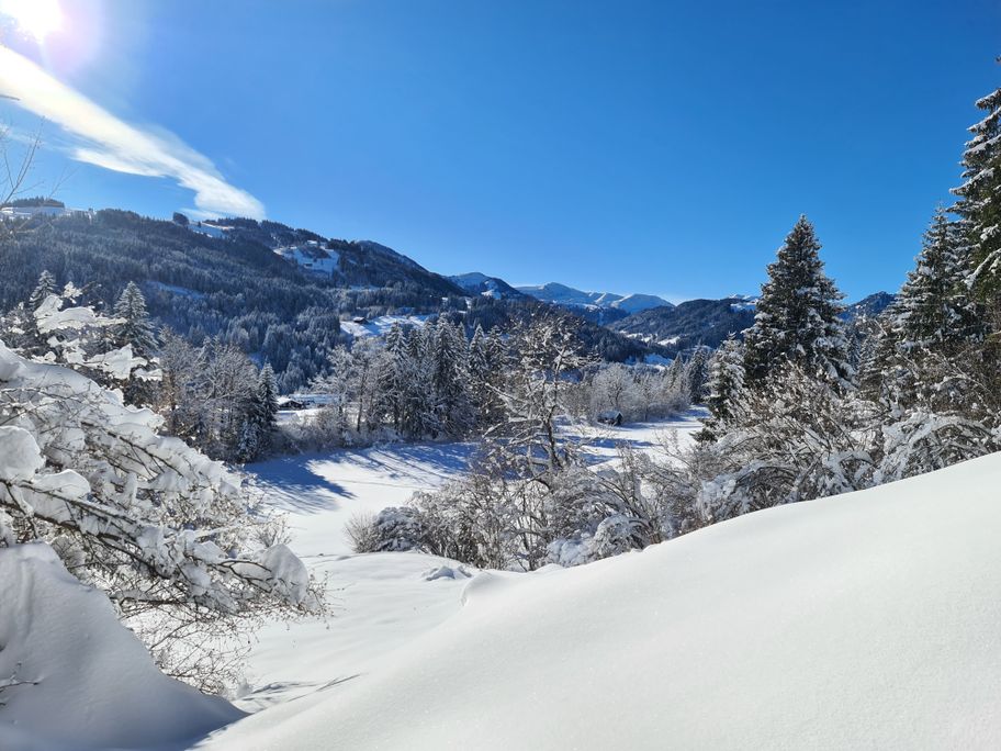 Blick ins verschneite Gunzesrieder Tal