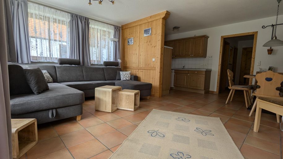 großer Wohnbereich mit Ausziehsofa und TV