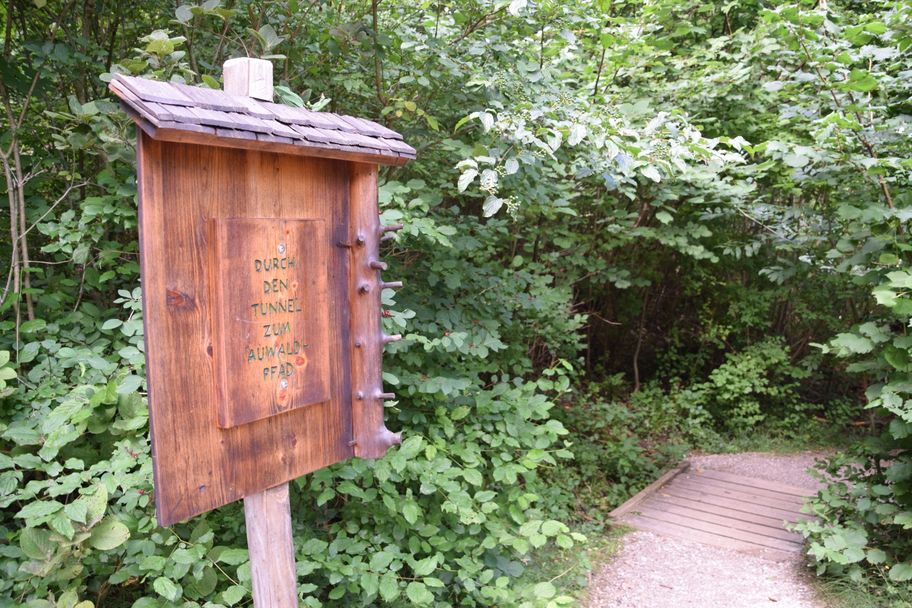 Hinweis zum Tunnel zum Auwaldpfad