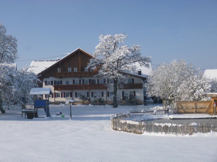 Haus und Teich im Winter