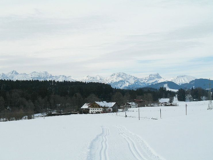 Blick auf Reuthen und die Kulisse der Thannheimer Berge