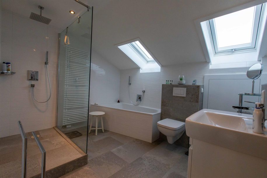 Badezimmer mit großzügiger Dusche, Badewanne