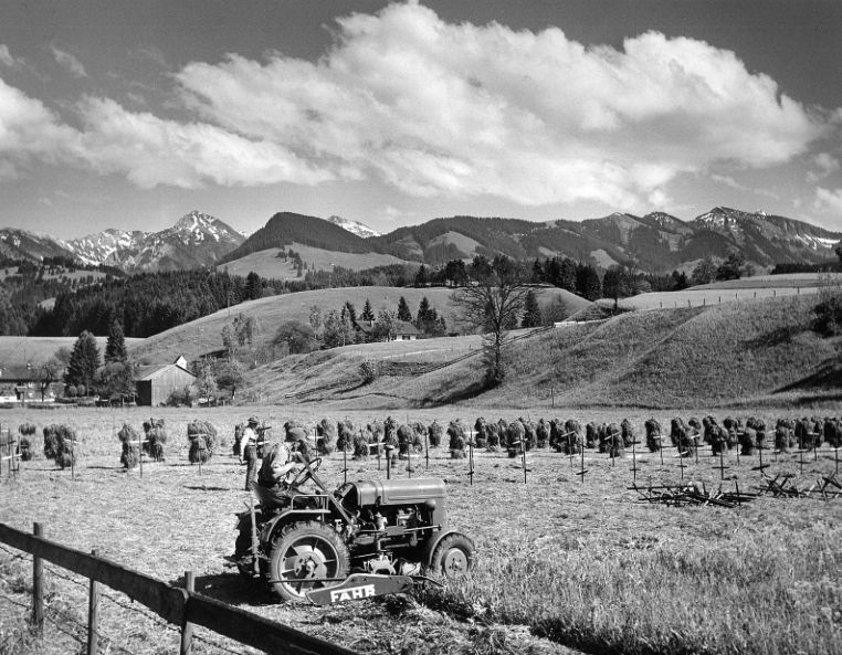 Erntearbeiten mit Traktor in den Allgäuer Alpen. Blick gegen Grünten und Horn, 1925/1929 Deutsche Fotothek
