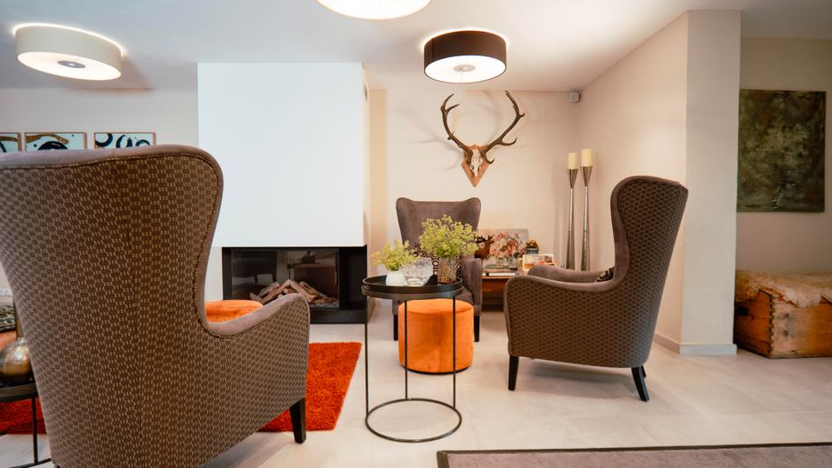 Lobby Sessel, Kamin, Truhe mit Fell