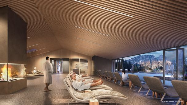 Blick ins Kaminzimmer und auf die Dachterrasse