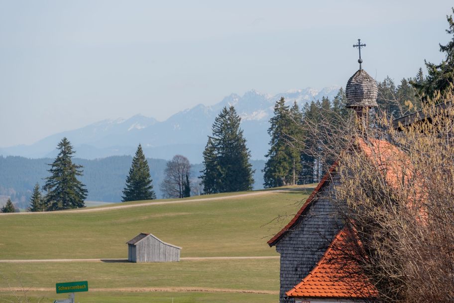 Blick über Wiesen und Wälder Richtung Berge bei Schwarzenbach.