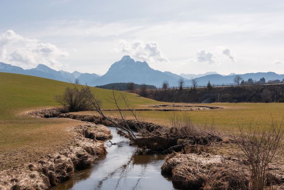 Der kleine Bach Hopfensee Achen schlängelt sich durch die Landschaft. Am Horizont der Säuling.