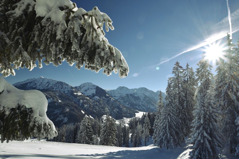 Schneebedeckte Wälder und Wiesen, Sonnenschein und traumhaftes Bergpanorama - das ist der Winter in Bad Hindelang.