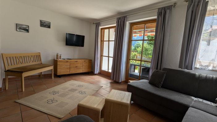 Wohnbereich mit TV und Blick nach draußen